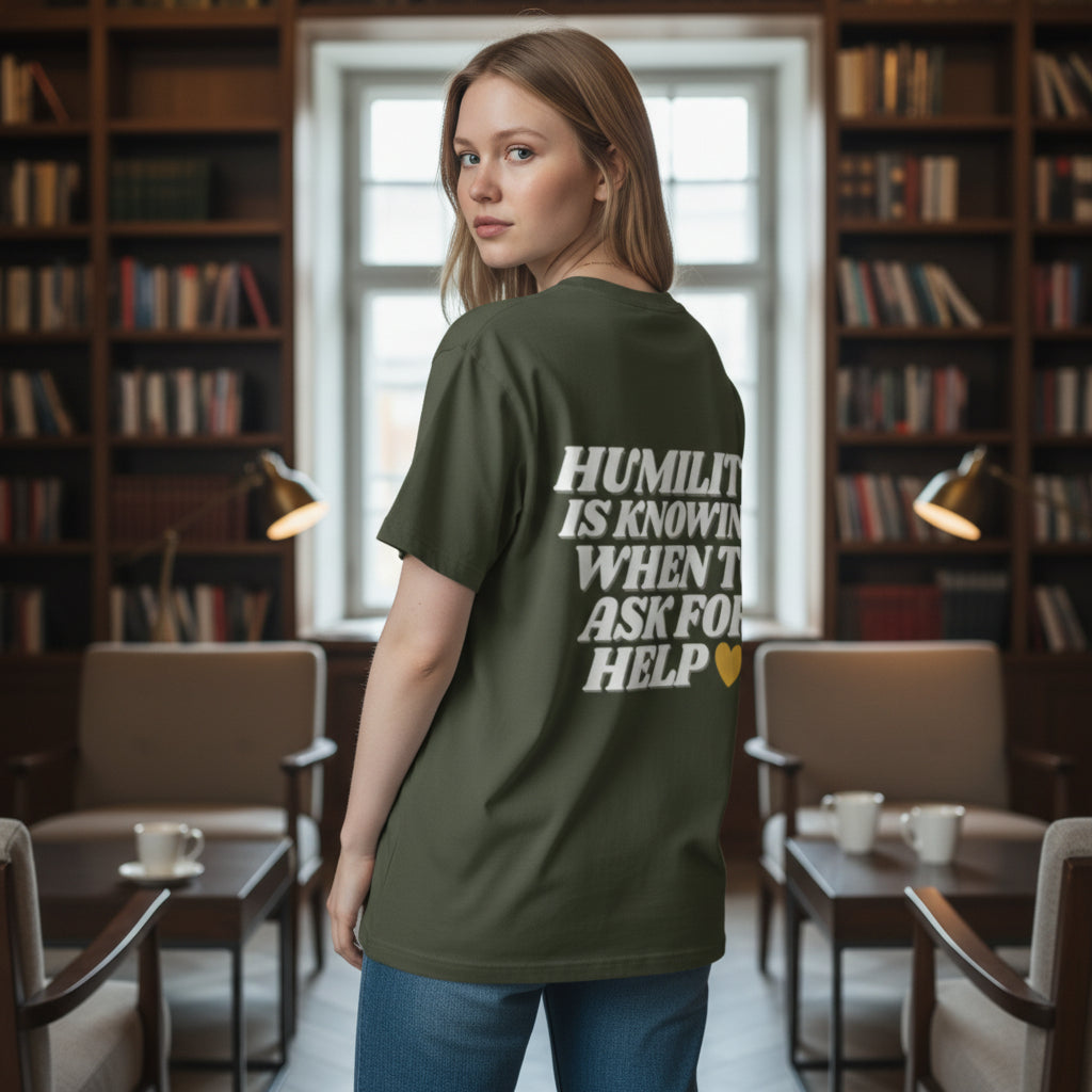Person wearing a green t-shirt with a motivational quote in a library setting