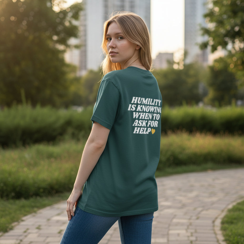Woman wearing a green t-shirt with a motivational quote in an outdoor setting
