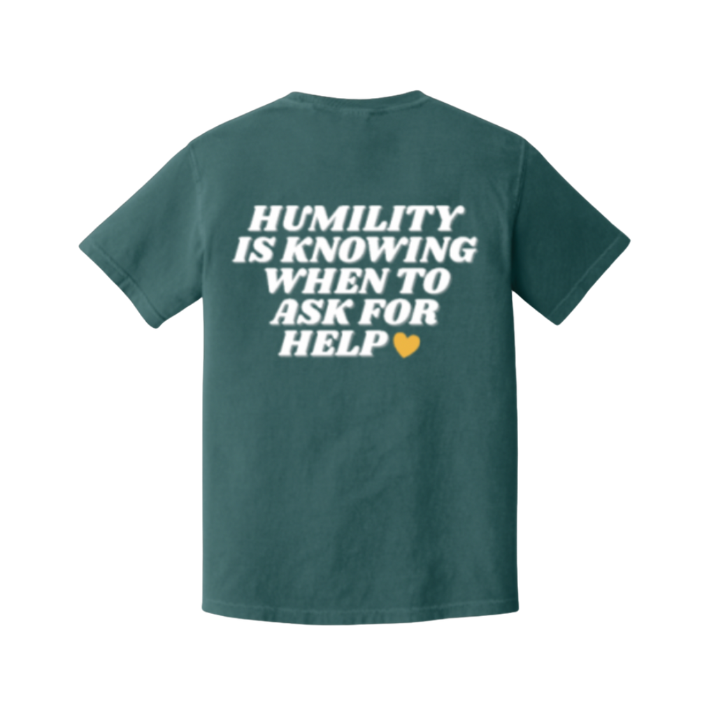 Green t-shirt with white text on the back on a white background