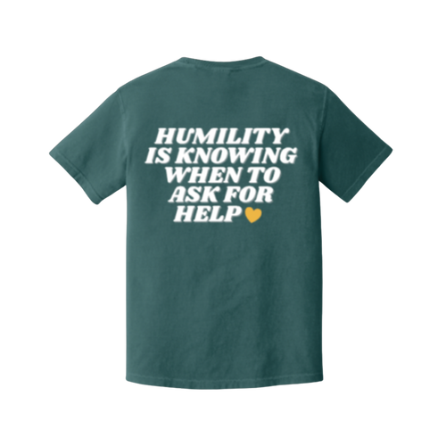 Green t-shirt with white text on the back on a white background