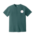 Green t-shirt with a smiley face design on a white background