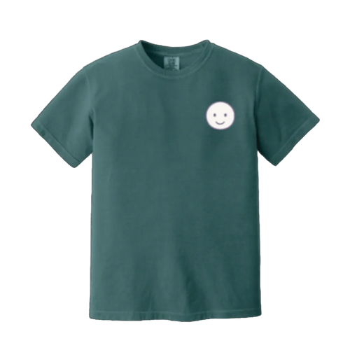 Green t-shirt with a smiley face design on a white background