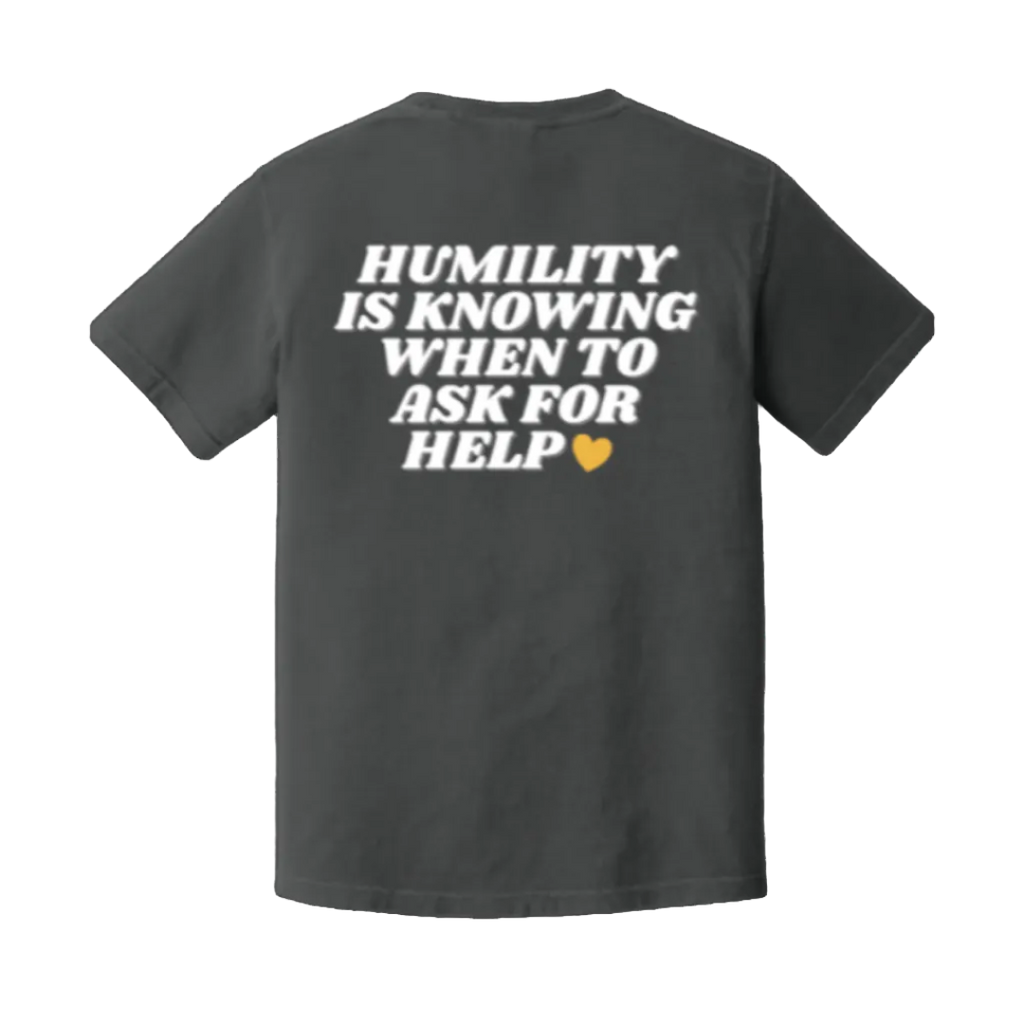 Black t-shirt with white text on the back on a white background