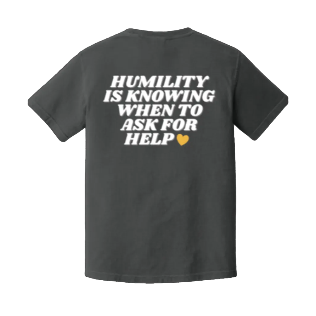 Black t-shirt with white text on the back on a white background