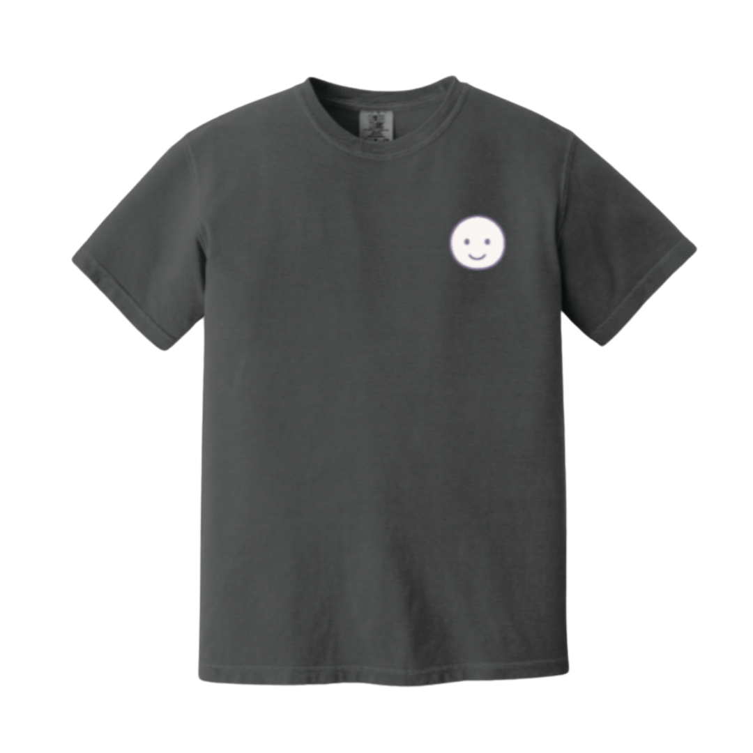 Black t-shirt with a smiley face design on a white background