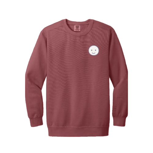 Crimson sweatshirt with a white smiley face logo on a white background