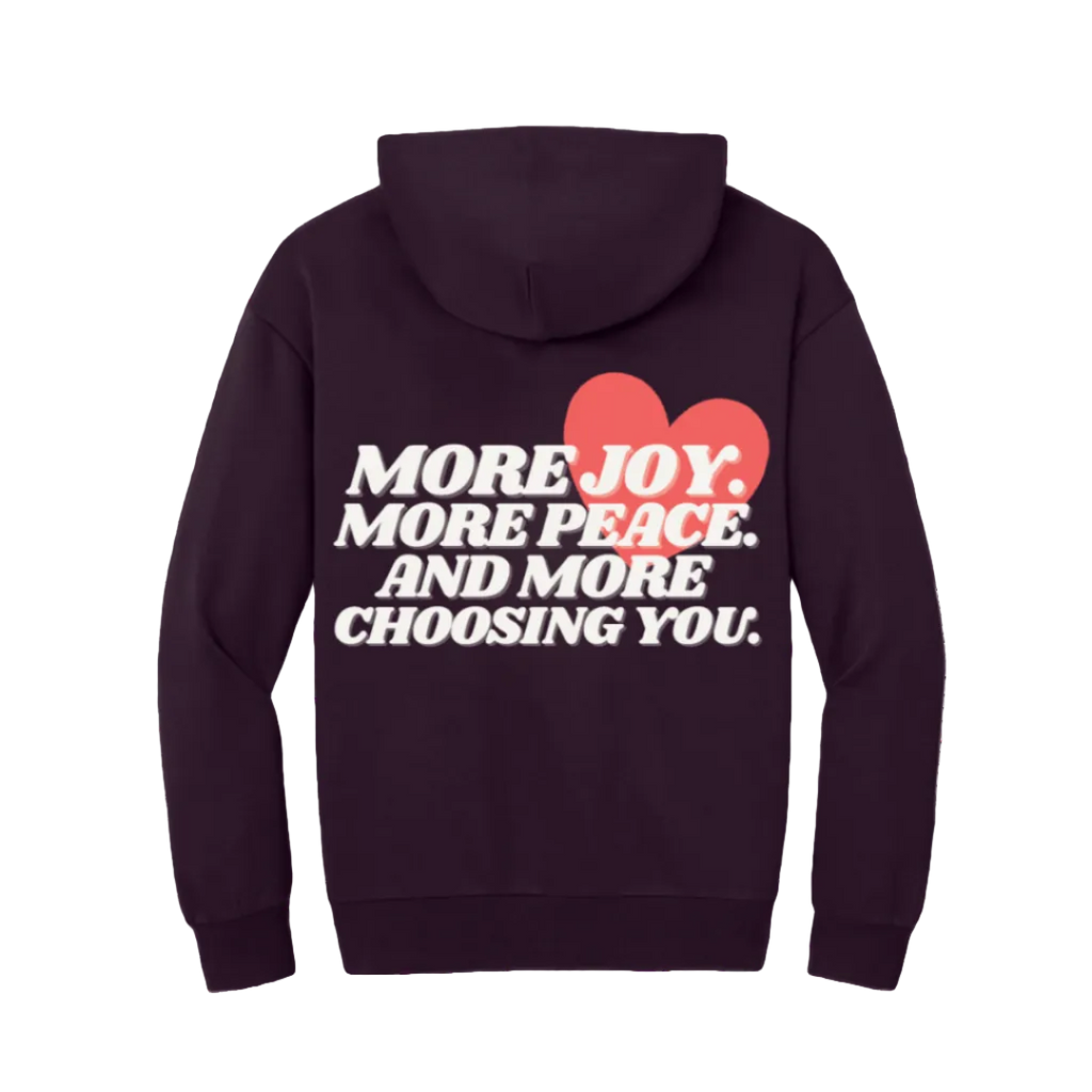 Bordeaux hoodie with red hearts and white text on a white background