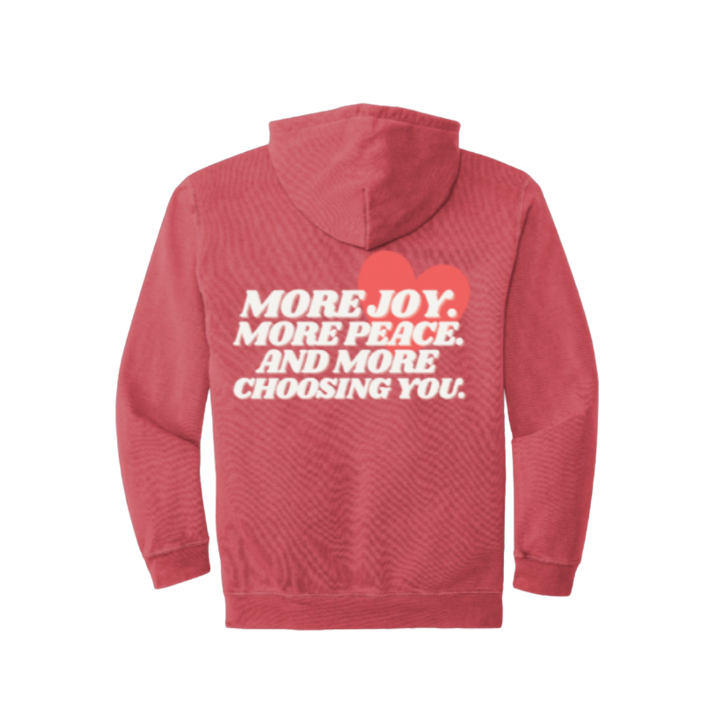 Crimson hoodie with white text on the back on a white background