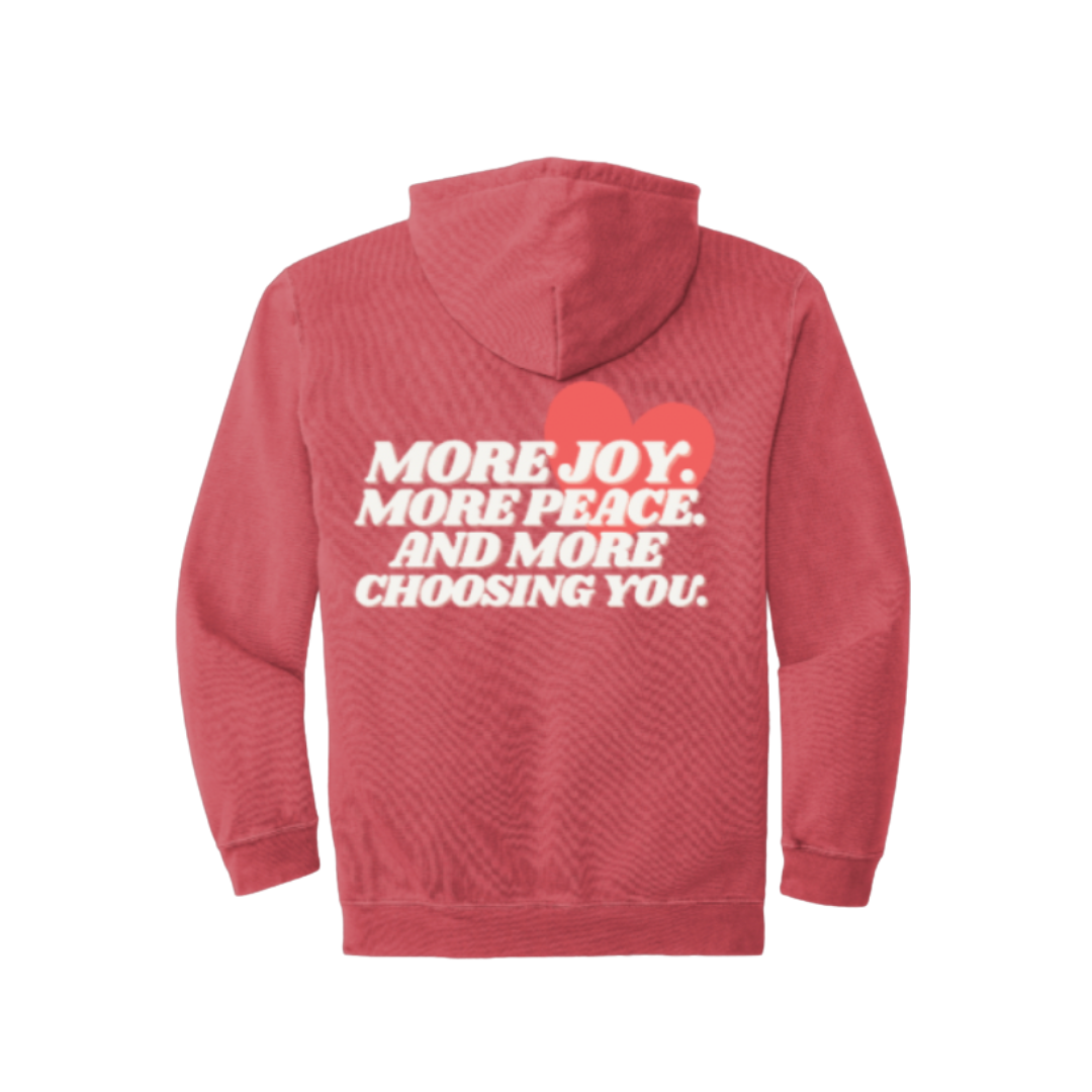 Crimson hoodie with white text on the back on a white background