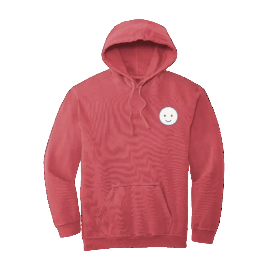 Crimson hoodie with a small white logo on a white background