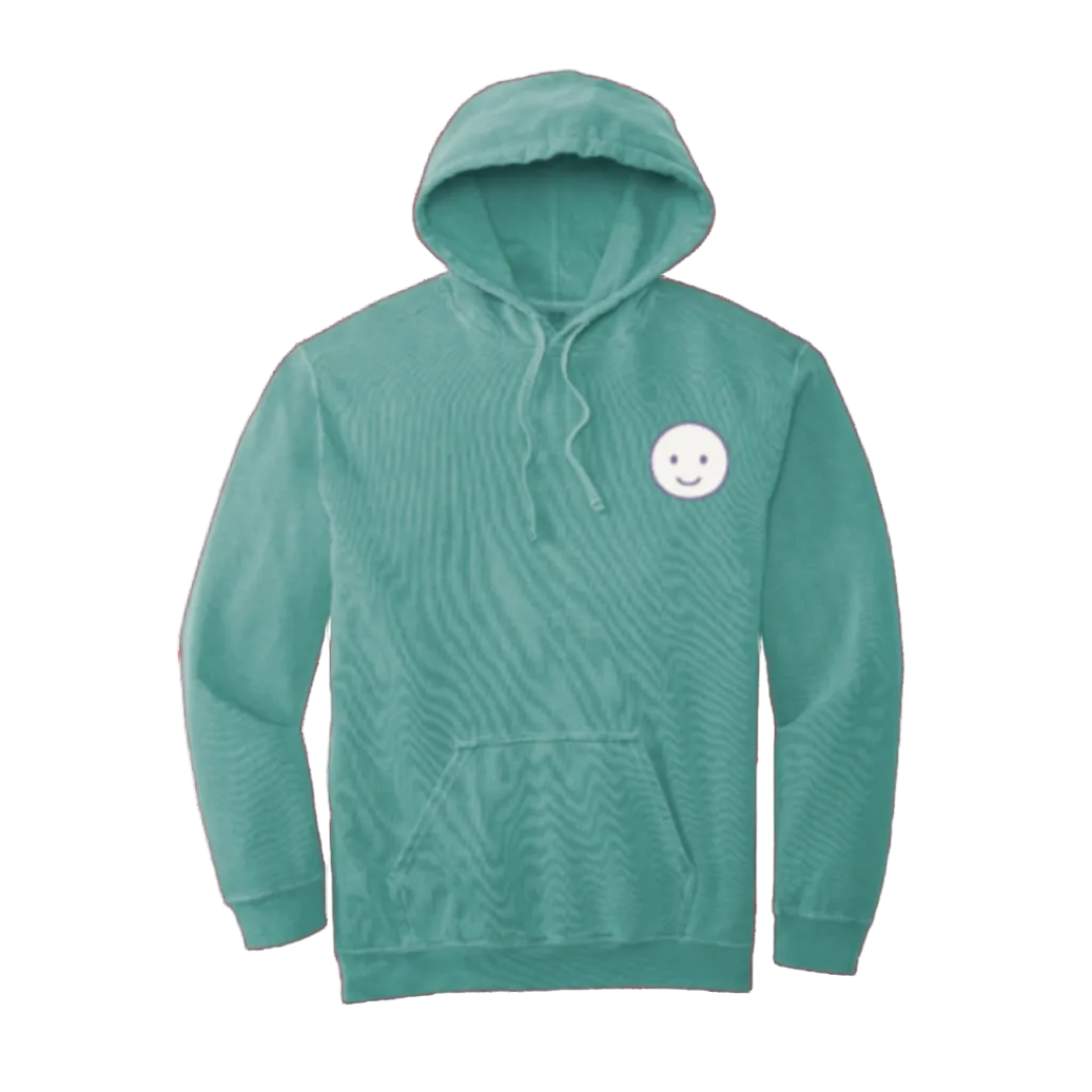 Seafoam hoodie with a small logo on the chest against a white background