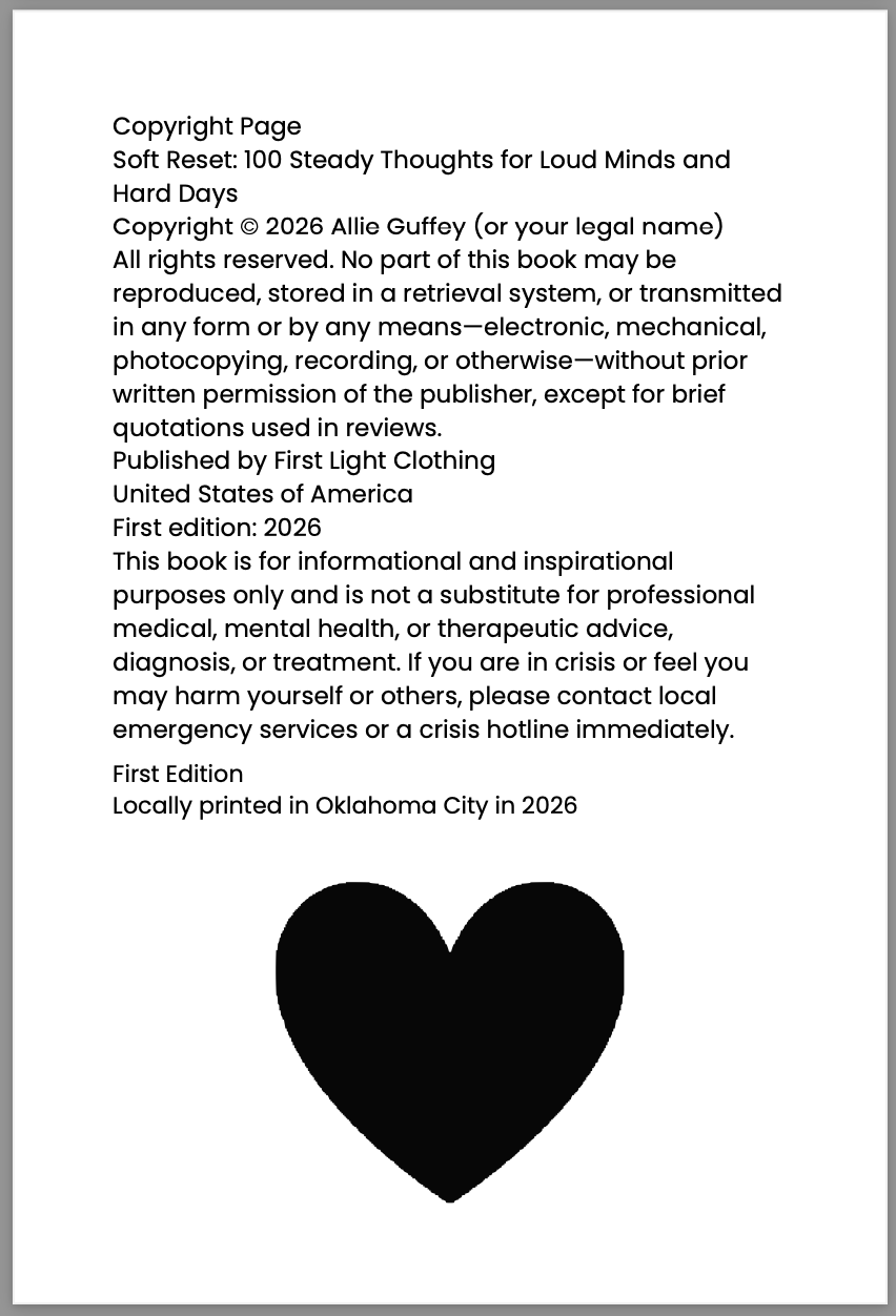 Copyright page with a black heart symbol on a white background