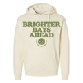 First Light beige hoodie with 'Brighter Days Ahead' text and smiley face logo on a white background