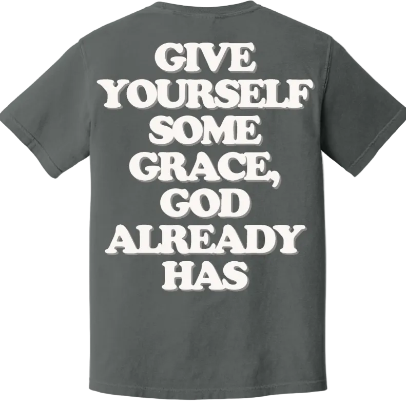 Gray t-shirt with white text on a white background