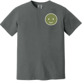 Gray t-shirt with a green smiley face design on a white background