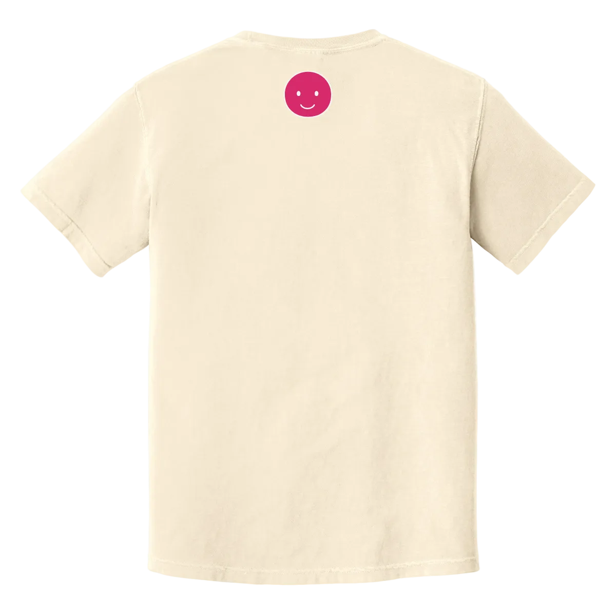 Beige t-shirt with a pink smiley face on the back against a white background