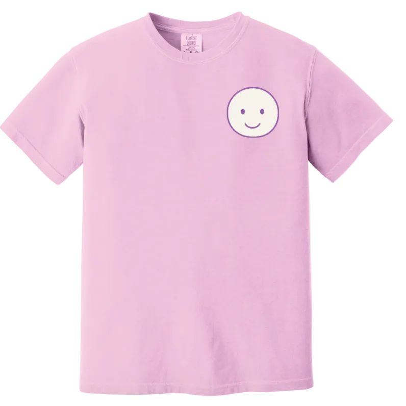 Lavender t-shirt with a smiley face design on a white background