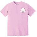 Lavender t-shirt with a smiley face design on a white background