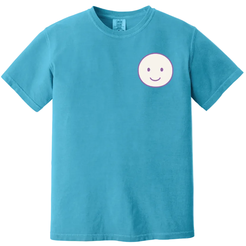 Blue t-shirt with a smiley face design on a white background