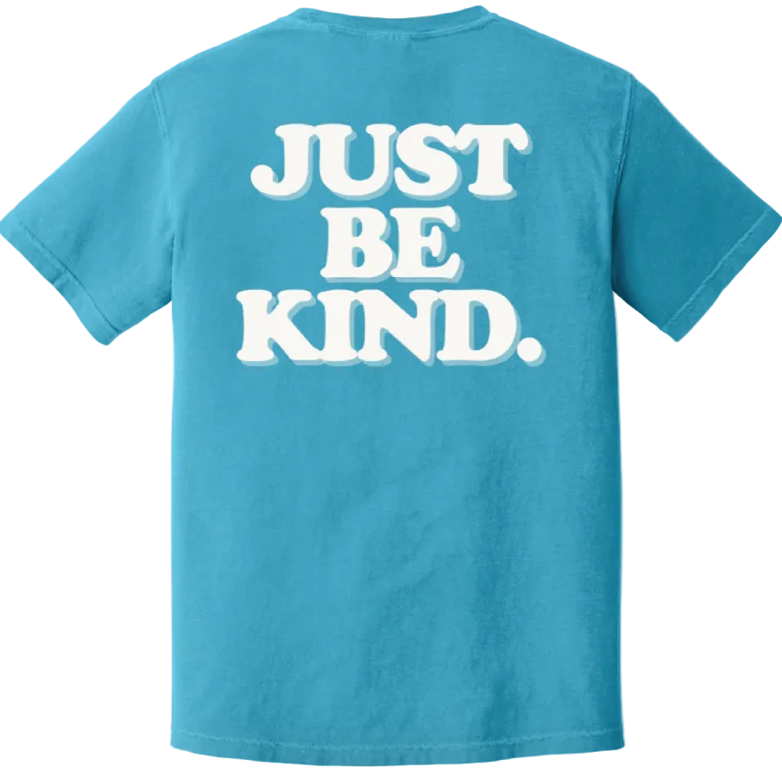 Blue t-shirt with 'JUST BE KIND.' text on the back against a white background