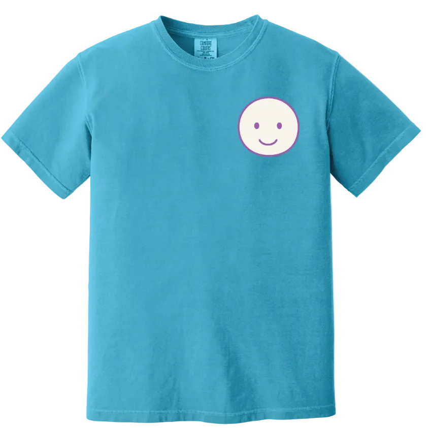 Blue t-shirt with a smiley face design on a white background