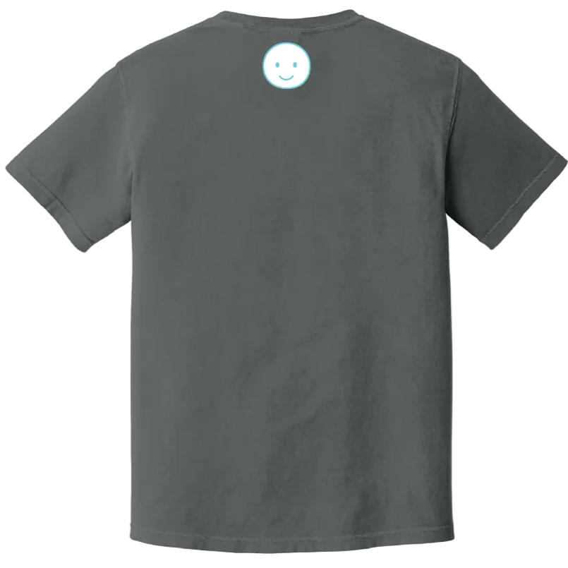 Gray t-shirt with a smiley face design on the back against a white background