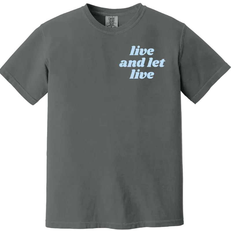 Gray t-shirt with 'live and let live' text on a white background