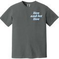 Gray t-shirt with 'live and let live' text on a white background