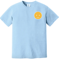 Light blue t-shirt with a yellow smiley face design on a white background