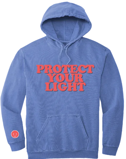 Blue hoodie with 'PROTECT YOUR LIGHT' text on a blue background