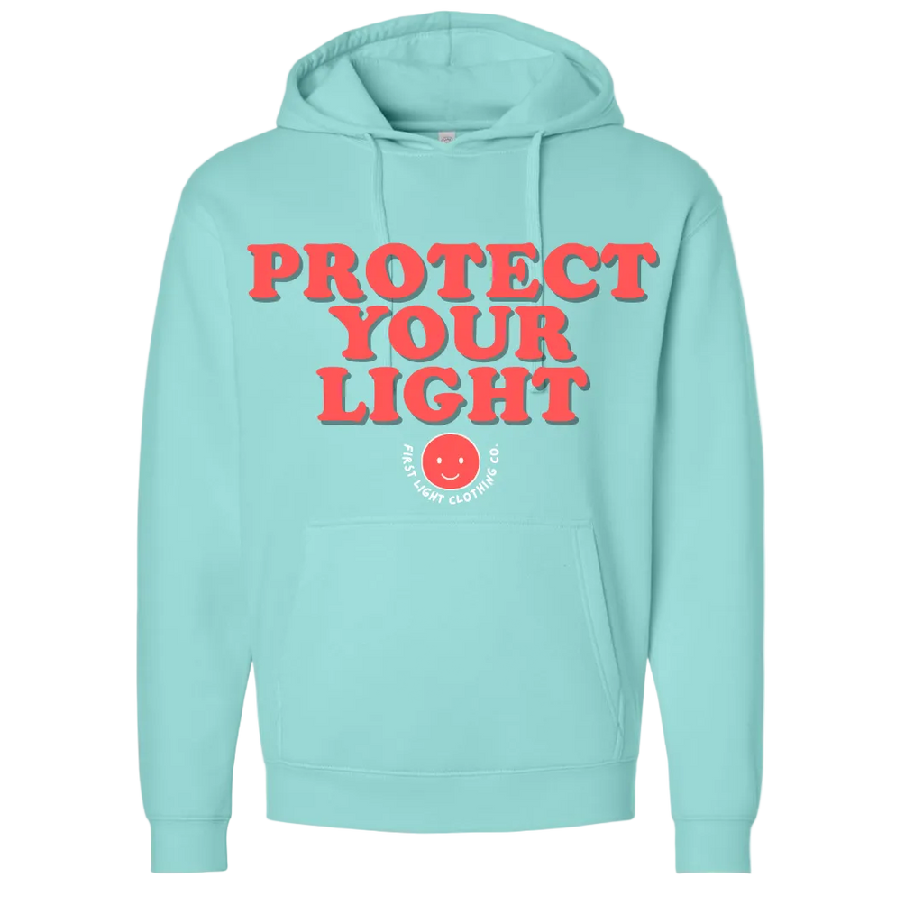 Light blue hoodie with 'Protect Your Light' text and a smiley face logo on a transparent background