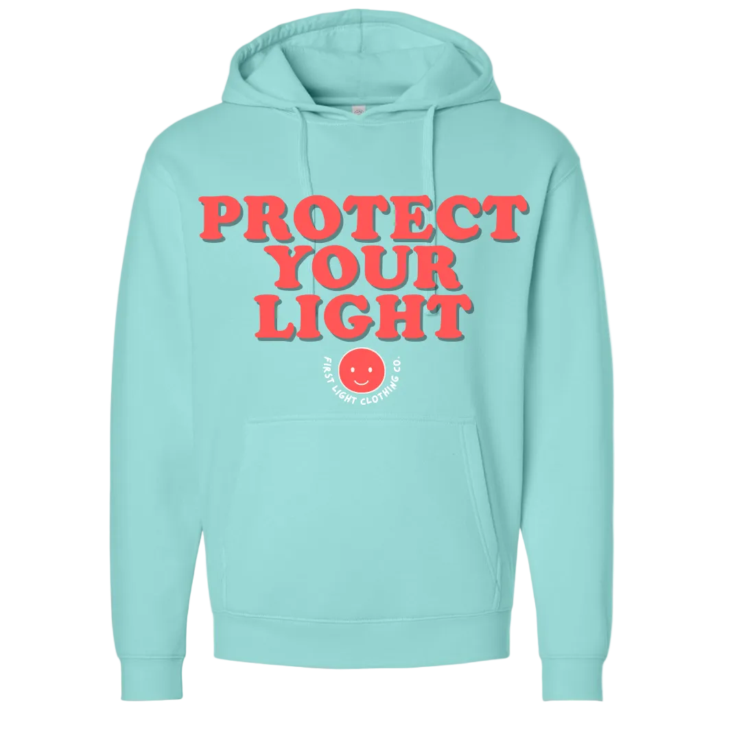 Light blue hoodie with 'Protect Your Light' text and a smiley face logo on a transparent background