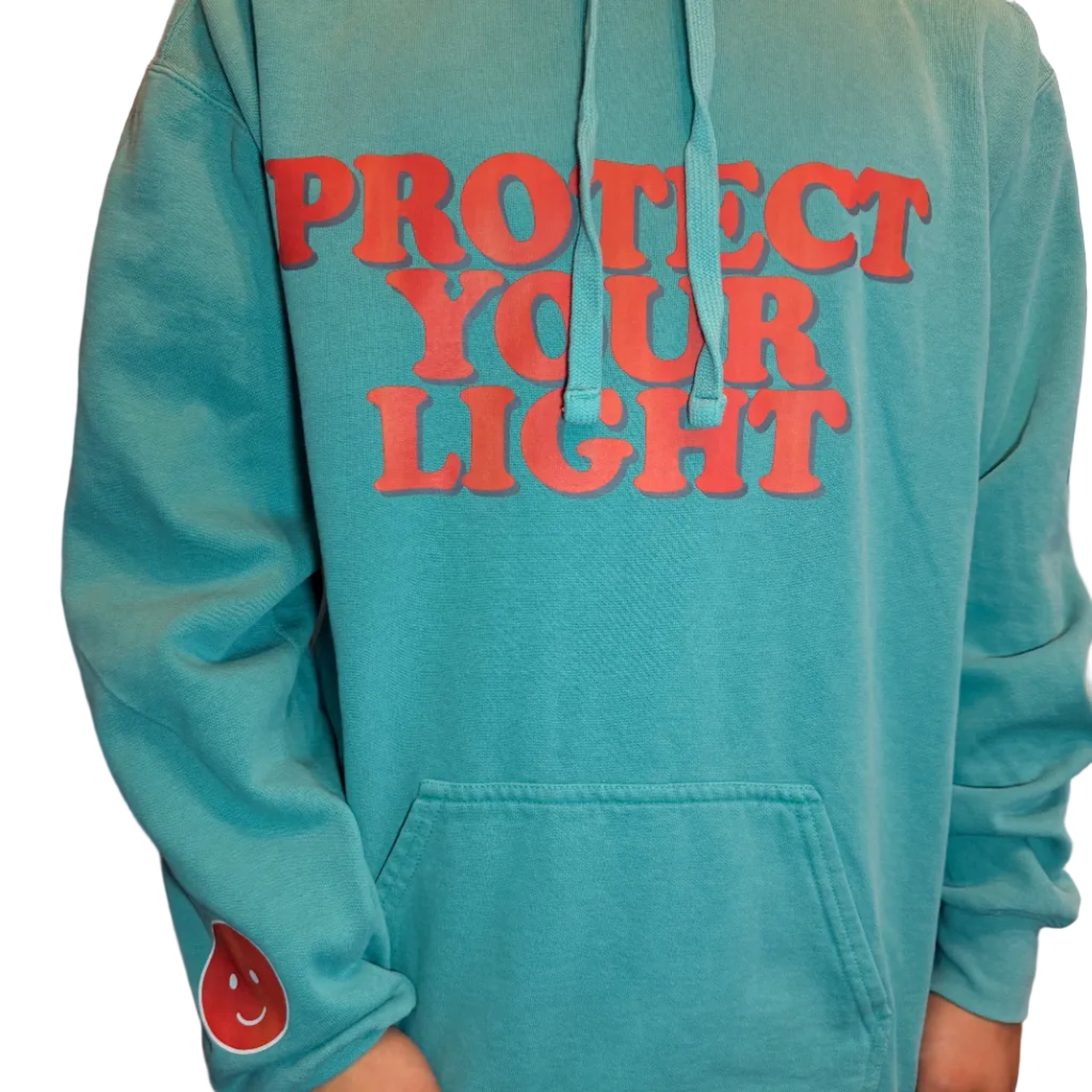 Blue hoodie with red text and smiley face logo held by a person