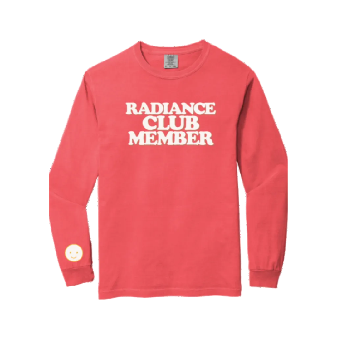 Red long-sleeve shirt with 'Radiance Club Member' text on a white background