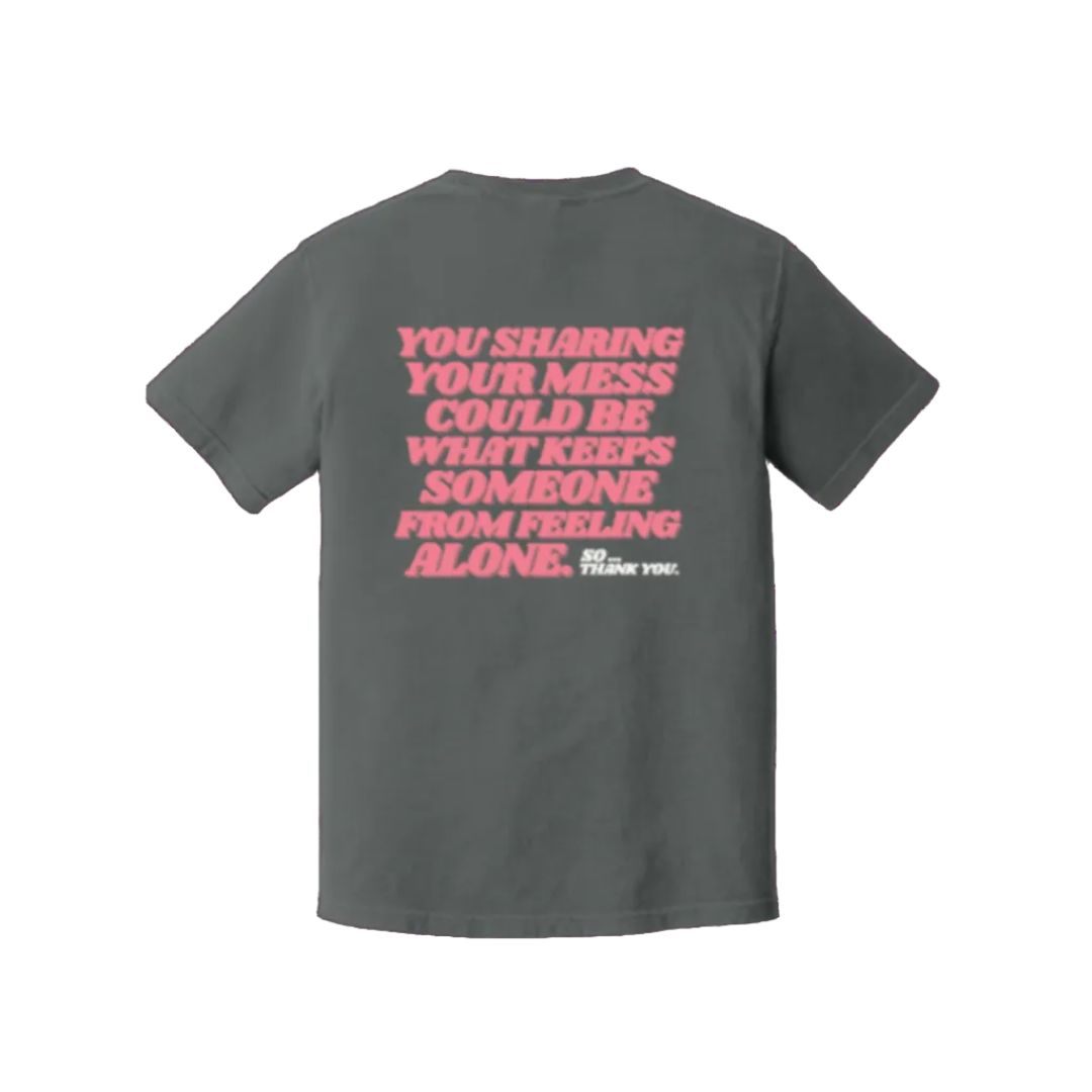 Gray t-shirt with pink text on the back on a white background