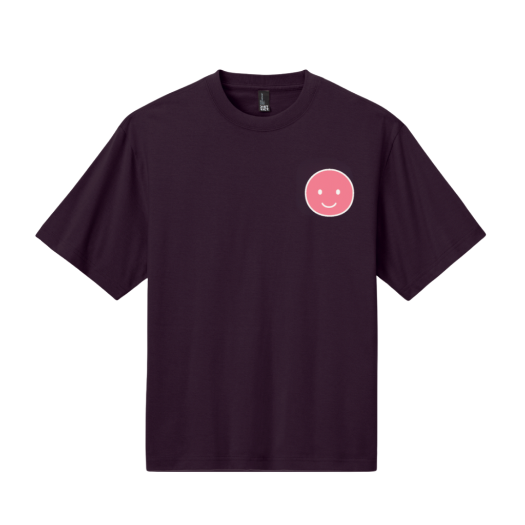 Bordeaux t-shirt with a pink smiley face design on a white background
