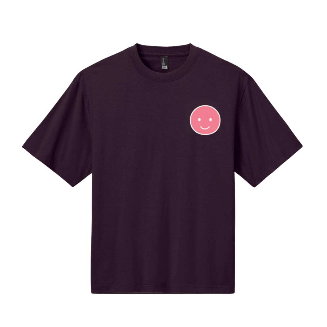 Bordeaux t-shirt with a pink smiley face design on a white background