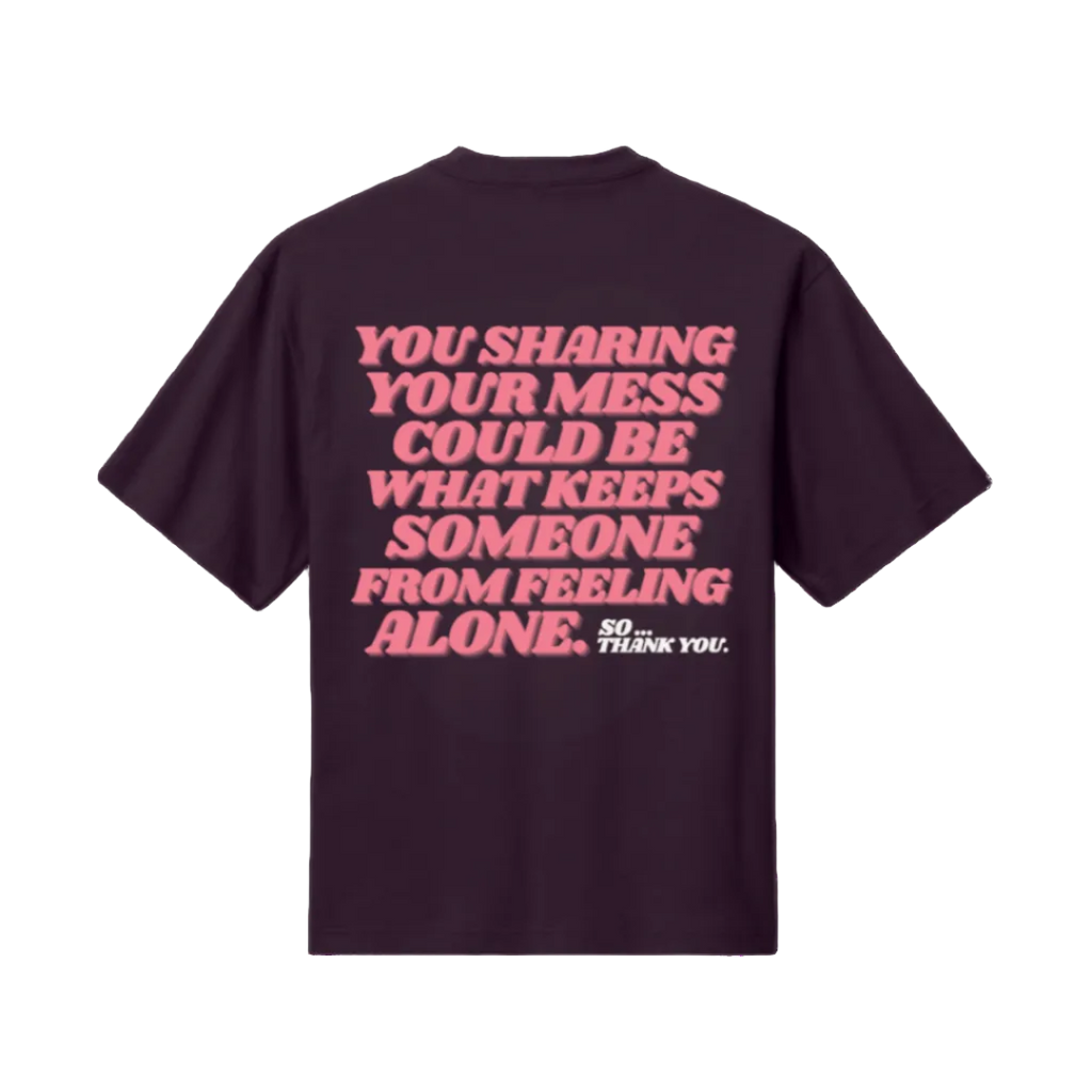 Bordeaux tee with pink text on a white background