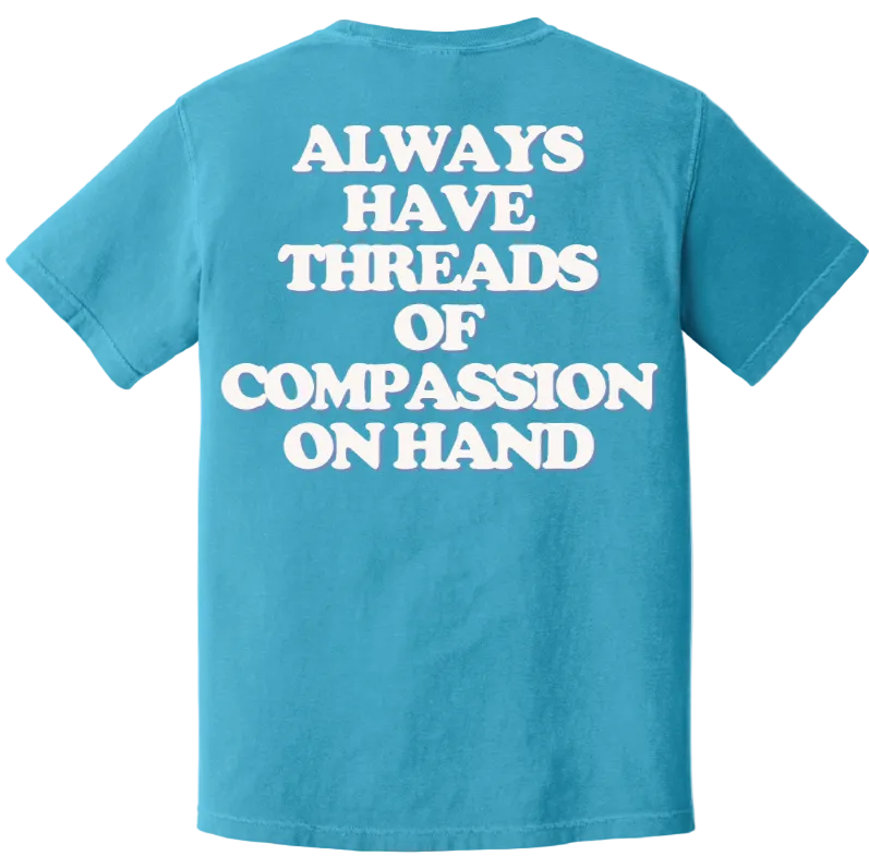 Blue t-shirt with white text on the back on a white background