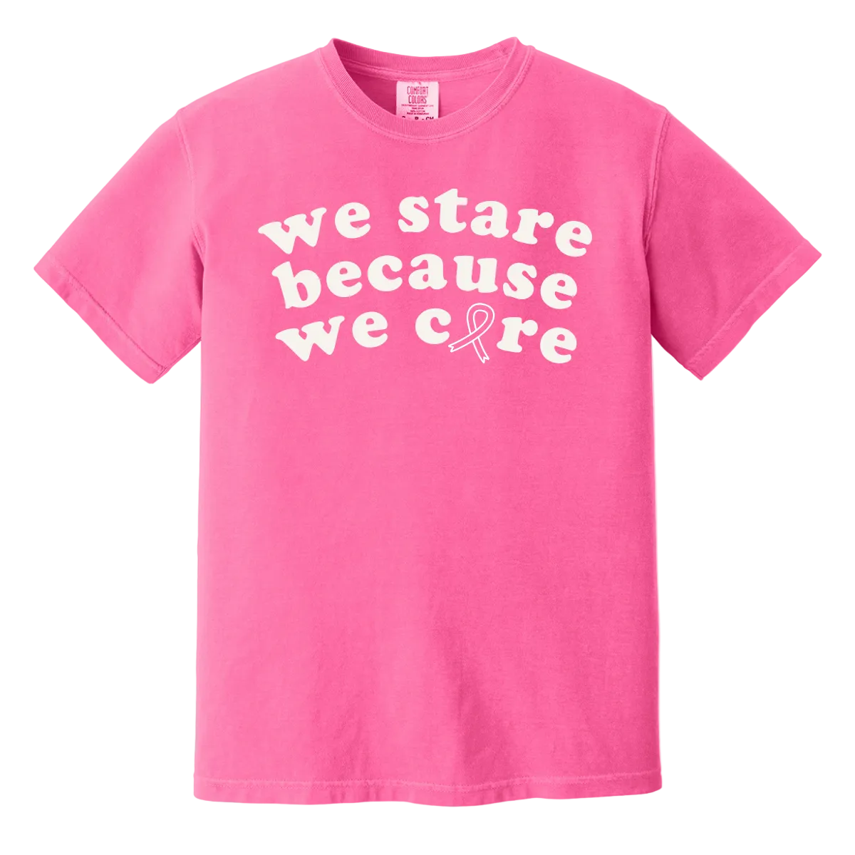 Pink t-shirt with white text and a pink ribbon graphic on a white background