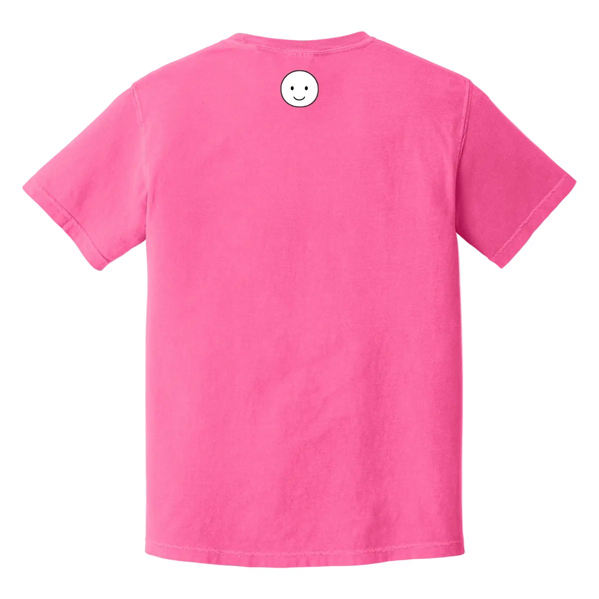 Pink t-shirt with a smiley face on the back against a white background