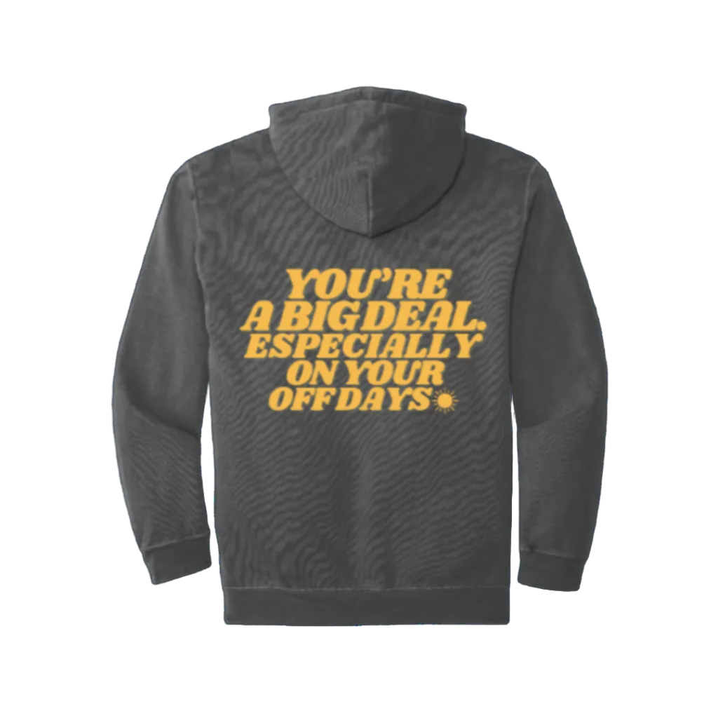 Gray hoodie with yellow text on the back on a white background