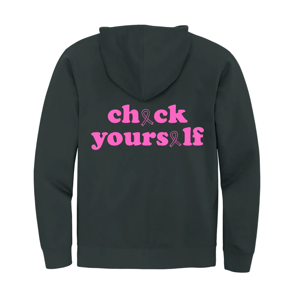 Black hoodie with pink text and breast cancer awareness ribbon on a white background