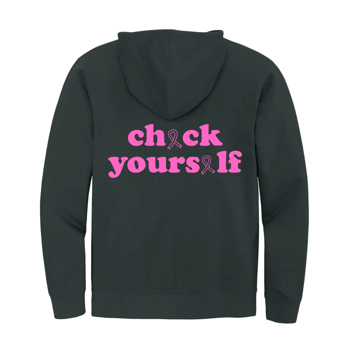 Black hoodie with pink text and breast cancer awareness ribbon on a white background
