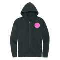 Black hoodie with a pink smiley face logo on a white background