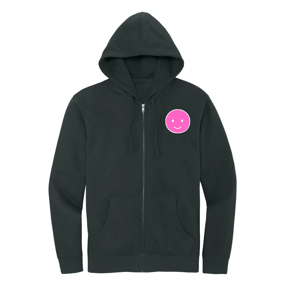 Black hoodie with a pink smiley face logo on a white background