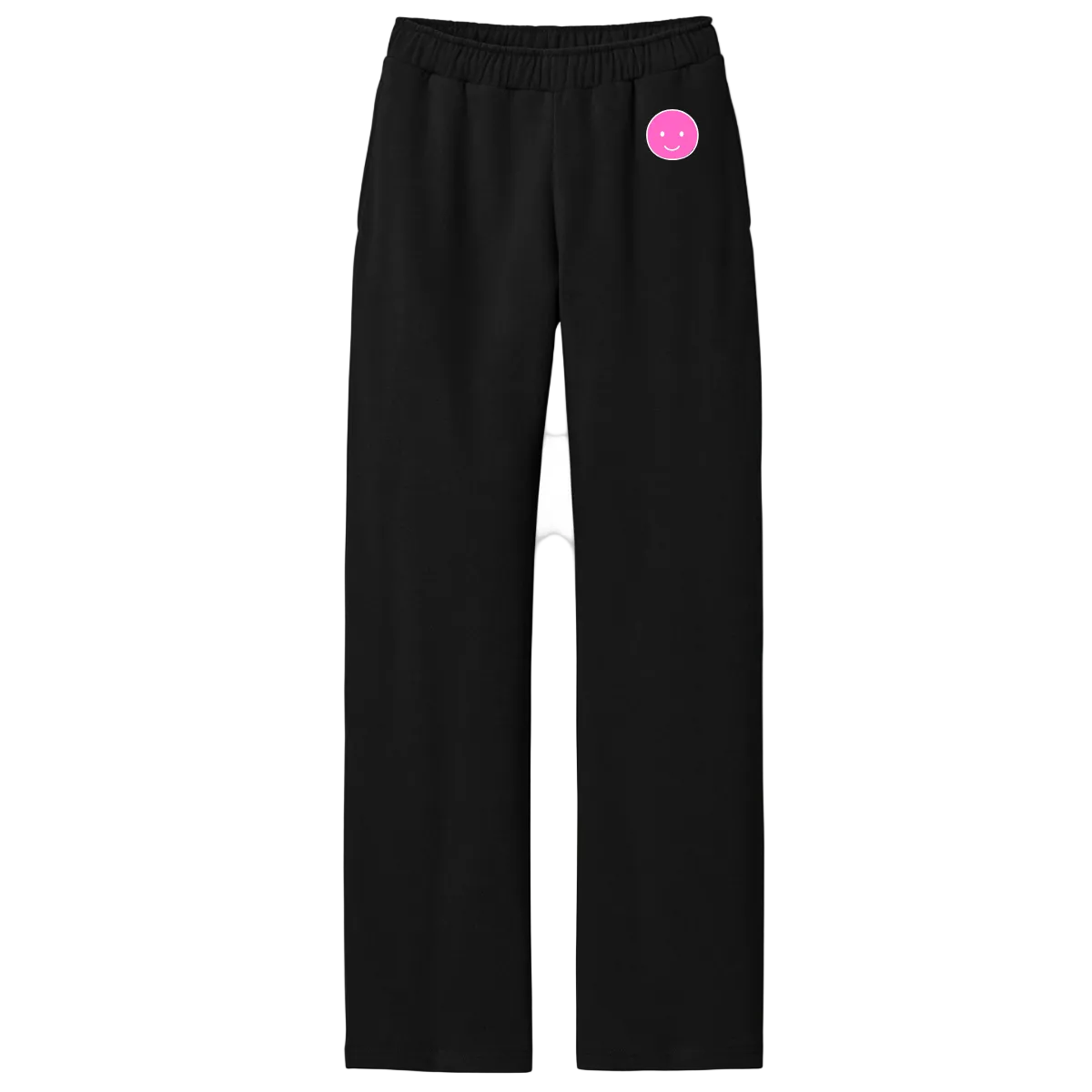 Black pants with a pink logo on a white background