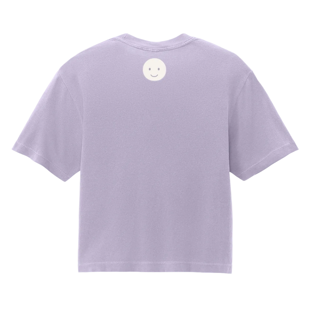 Light purple t-shirt with a smiley face design on the back against a white background