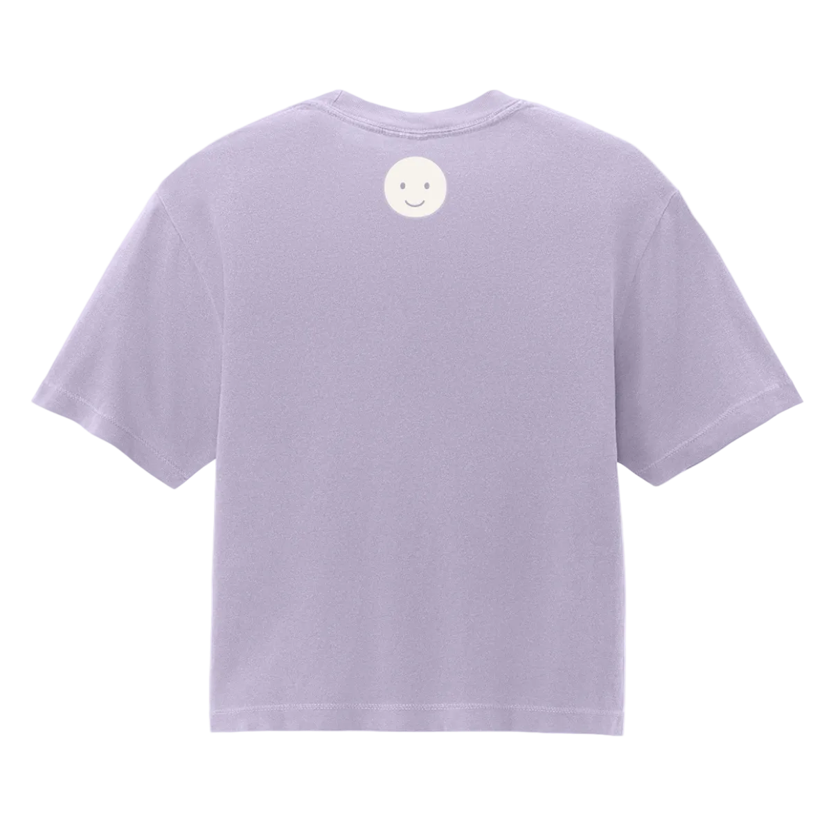 Light purple t-shirt with a smiley face design on the back against a white background
