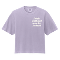 Lavender t-shirt with 'faith without works is dead' text on a white background